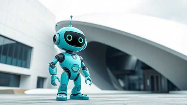 Cute teal robot beside sleek modern architecture.