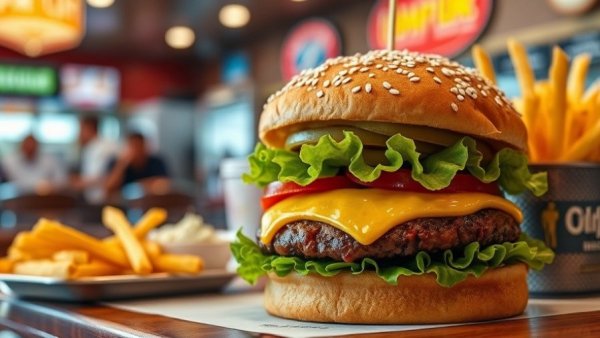 Juicy Sky Rocket Burger with fries in a diner setting.