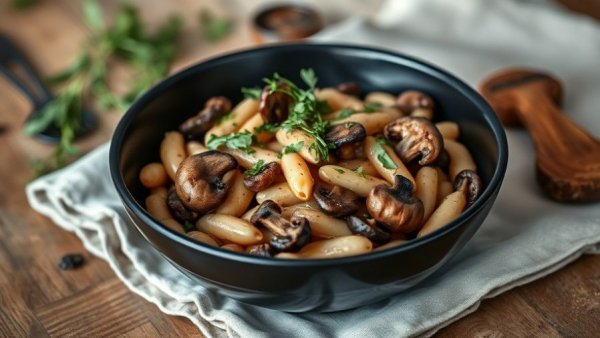 Cannellini beans with wild mushrooms in an elegant bowl on rustic table.