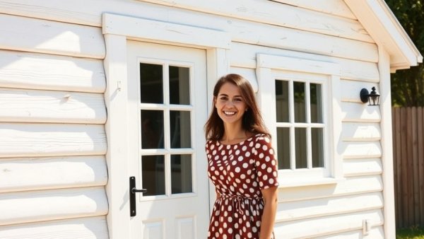 Woman in polka dot dress by white cottage wall, guest cottage design ideas.