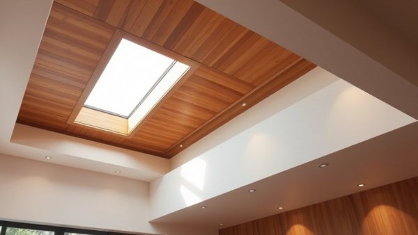 Wooden ceiling with skylight and lights, showcasing sustainable building materials.