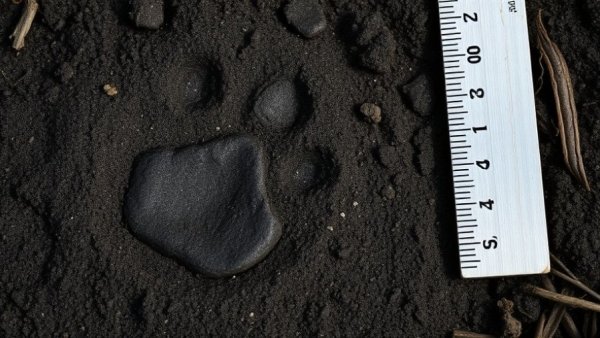 Animal paw print and ruler in soil, wildlife tracking close-up