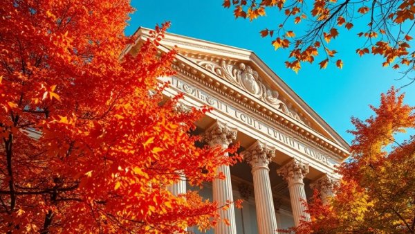 Ornate neoclassical building facade with autumn leaves, sunny day