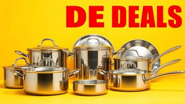 All-Clad cookware set during Factory Seconds Sale, vibrant deals background.