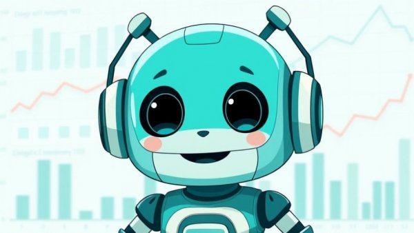 Teal robot with graphs, happy expression, chart analysis.