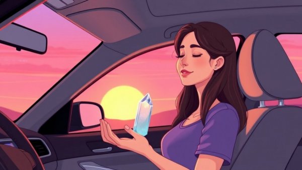 Mindful young woman holding a crystal during sunset drive