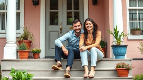 Happy couple sitting on porch, supported by Kiva microloans for refugees.