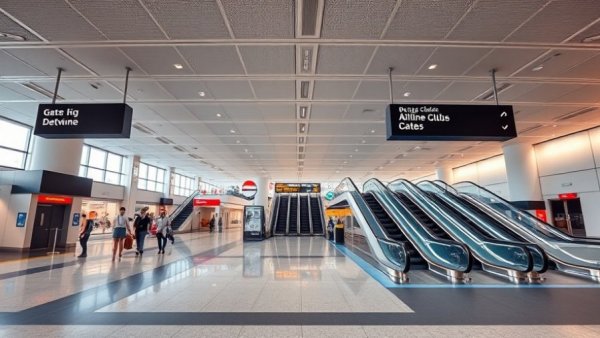 Empty Dallas/Fort Worth Airport terminal showing gate signs and escalators.