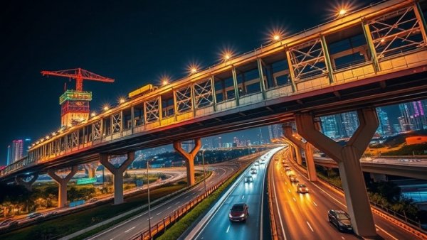 Fluor Q3 financial results reflected in urban bridge construction at night.