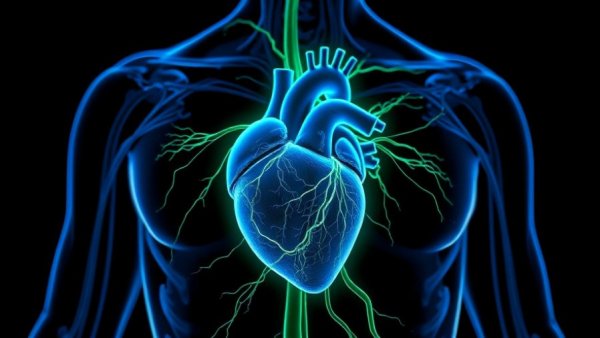 Neon rendering of human heart and arteries showing CRISPR therapy effects.