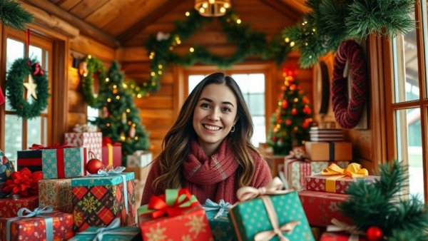 Festive gift guide for kids and teens in a cozy cabin setting.