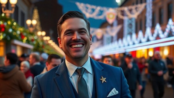 Smiling man at McAllen Holiday Parade under twinkling lights.