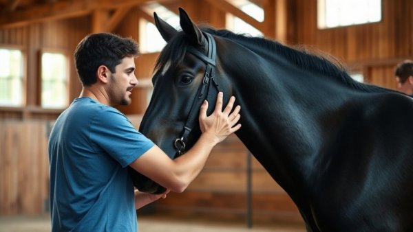 Warrior Spirit Project Yoga with Horses: person connecting with a horse indoors.