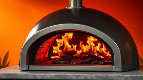 Sleek modern outdoor pizza oven with flames, vibrant background.