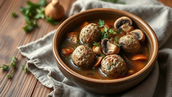 Rustic elk meatball and wild mushroom stew on wood table.