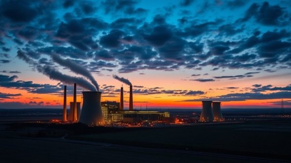 Industrial power plant at sunset highlighting Texas Bitcoin mining environmental impact.