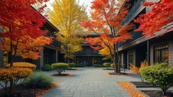 Autumn courtyard with vibrant trees in modern Fort Worth setting.