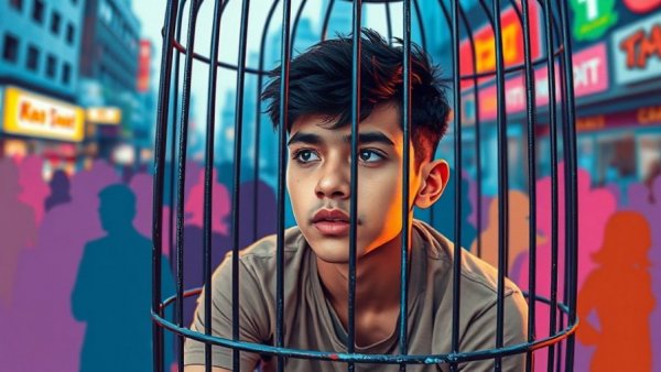 Young man sitting inside a cage, depicting overcoming social anxiety.