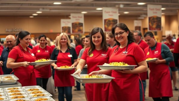 Volunteers at H-E-B Feast of Sharing serving meals.