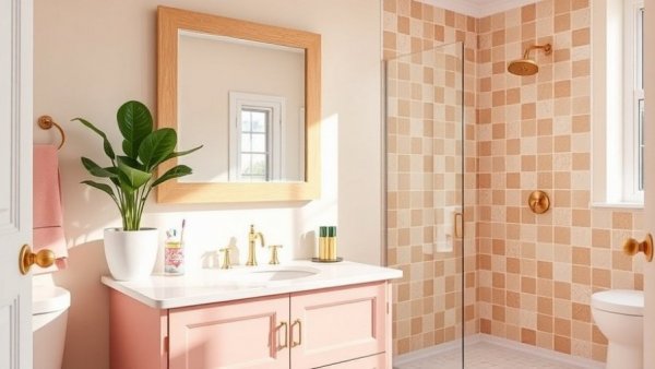 Charming kids' bathroom with pastel pink vanity and patterned tiles.