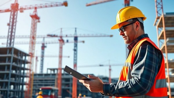 Construction site manager using tablet in urban building site, data-driven construction strategies.