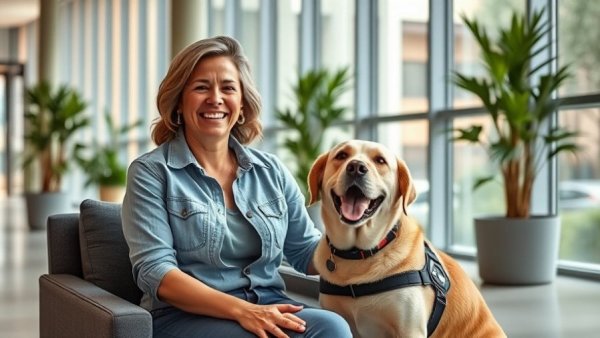 Accessibility at UNT Health Fort Worth: Smiling woman with service dog indoors.