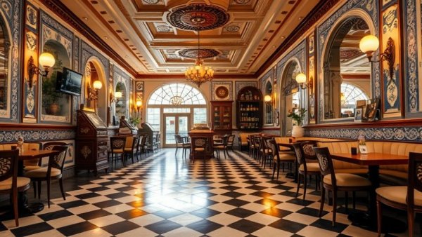 Renovated café with blue tiles and checkered floor