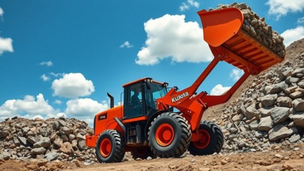 Kubota L47 loader lifting rocks on a sunny construction site.