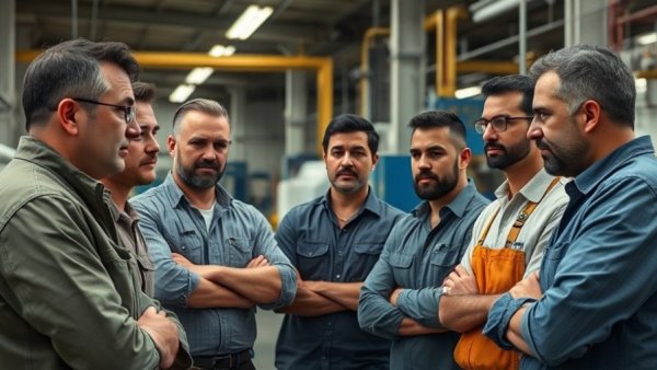 Workers discuss safety concerns in a factory setting.