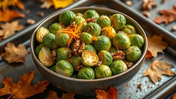 Brussels sprouts with orange, ginger, and walnuts on a rustic tray surrounded by autumn leaves.