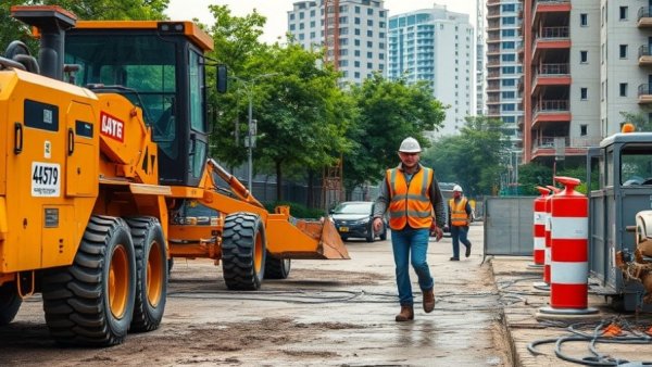 Construction site with contractor and machinery amid data center growth.