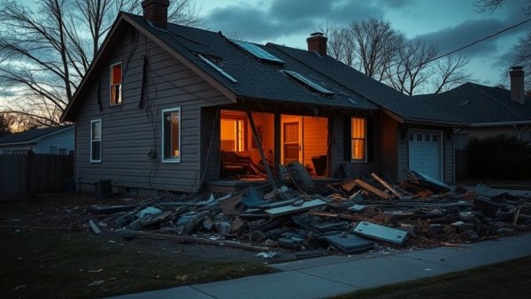Severely damaged house during dusk highlighting vandalism impact.