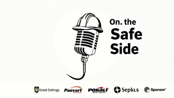 Forklift safety podcast image with microphone and hard hat illustration.