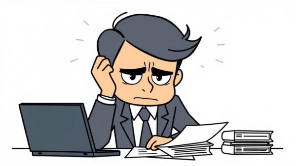 Cartoon businessman stressed at desk for Victoria's WFH Proposal.