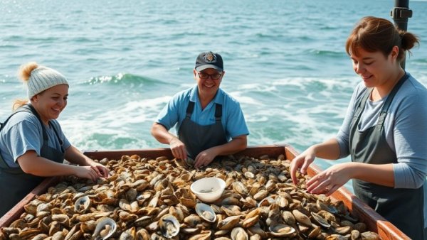 Southern oyster farming team sorting oysters on floating platform.