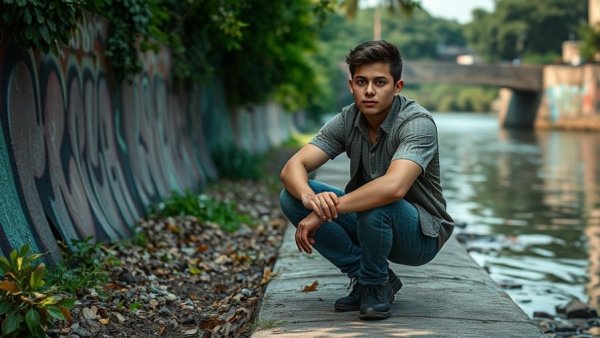 Confident person kneels by graffiti river; Protect Trans Joy.