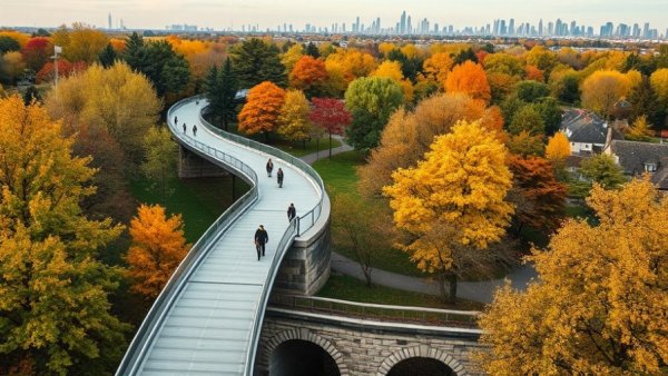 Modern pedestrian bridge enhancing southern Dallas connectivity with city skyline.