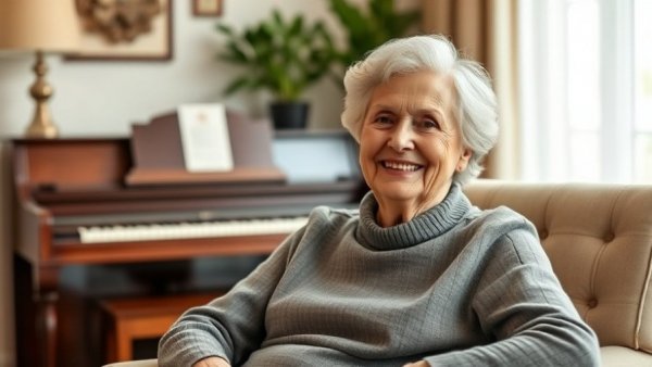 Elderly Holocaust survivor and Fort Worth linguist, smiling warmly in a living room with a piano.