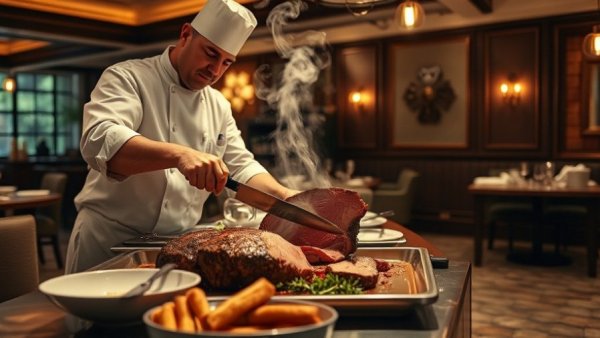 Chef carving Landmark Prime Rib in upscale restaurant setting.