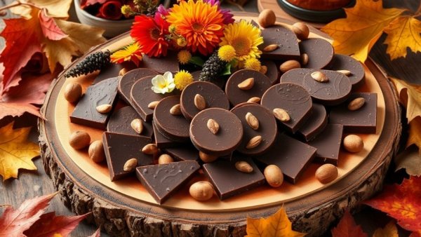 Chocolate charcuterie with juniper berries and hazelnuts on a wooden platter.