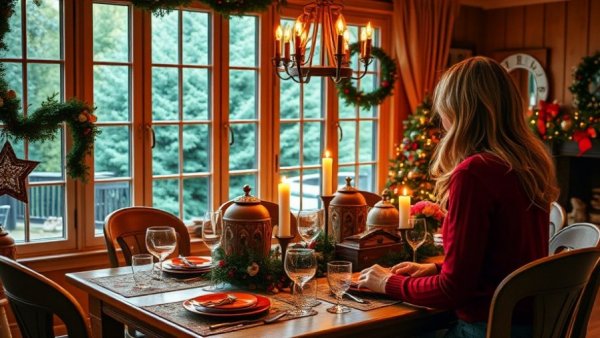 Cozy holiday decor in dining room with a cheerful woman.