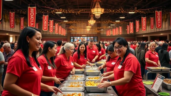 H-E-B holiday feast Dallas: volunteers serving food at event.