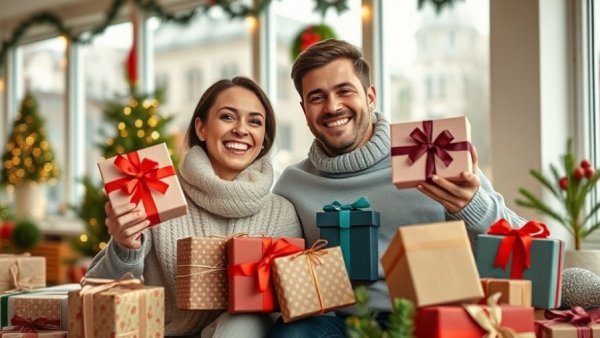 Festive room with holiday gifts for men, happy couple, warm setting.