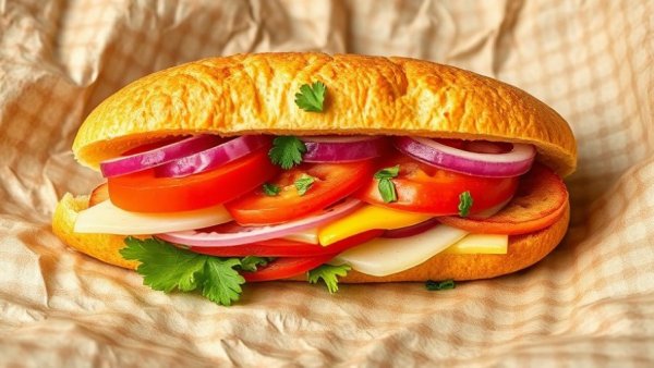 Colorful sandwich at Nugsgiving at Cheba Hut, vibrant toppings on paper.