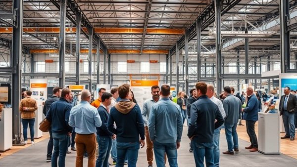 People discussing sustainable construction industry trends at exhibition.