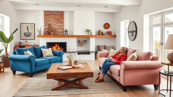 Cozy living room with Barb sofas, woman relaxing with a dog.