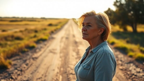 Middle-aged woman stands on a dirt road in rural East Texas landscape.