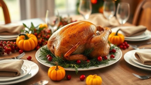 Elegant Dallas Thanksgiving dining setup with roasted turkey centerpiece.
