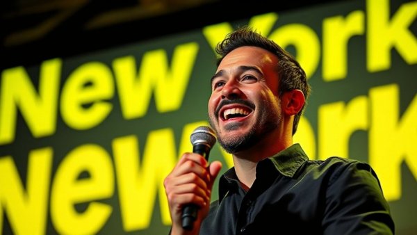Smiling man speaking on stage with New York background, Fandom in Politics context.