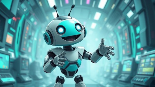 Playful robot in digital network, smart home device binding concept.